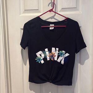PINK Victoria's Secret Black and Pink Crop Tie Front T-Shirt SZ small